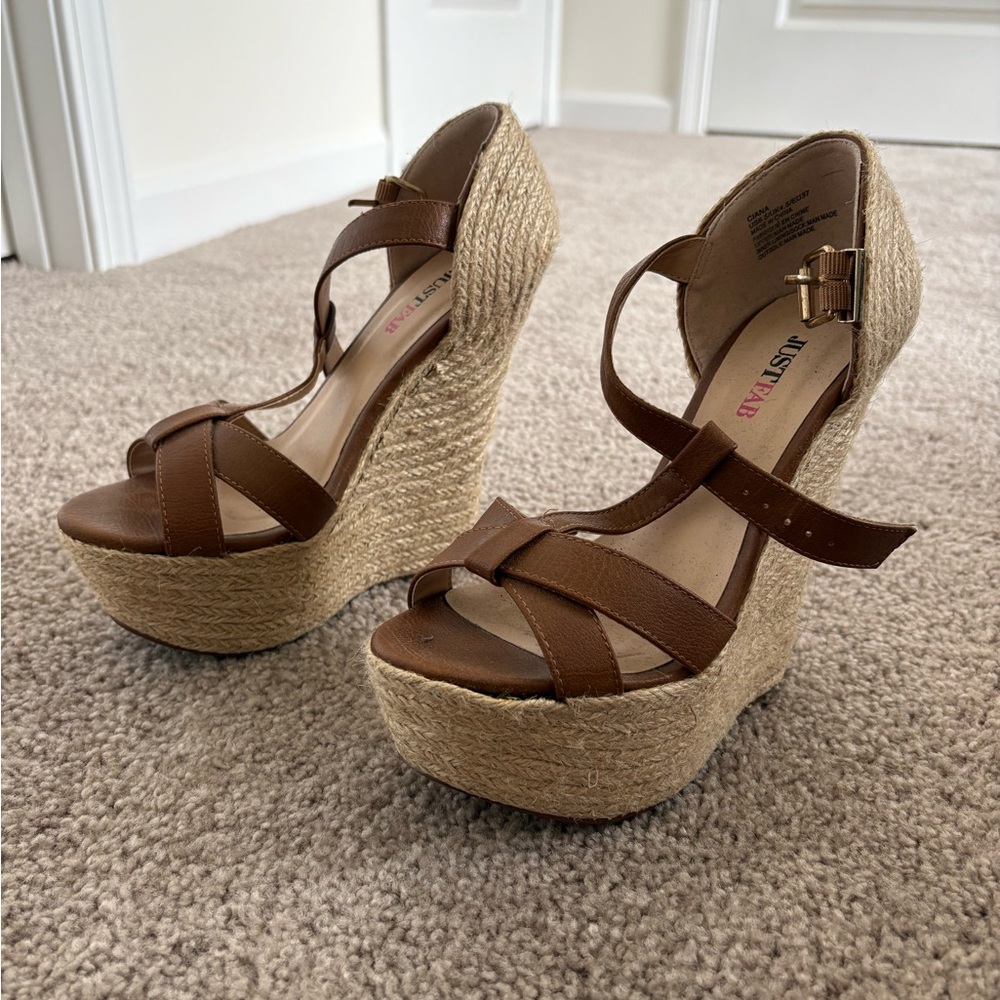 JustFab Brown Wedge Sandals with Espadrille Platform